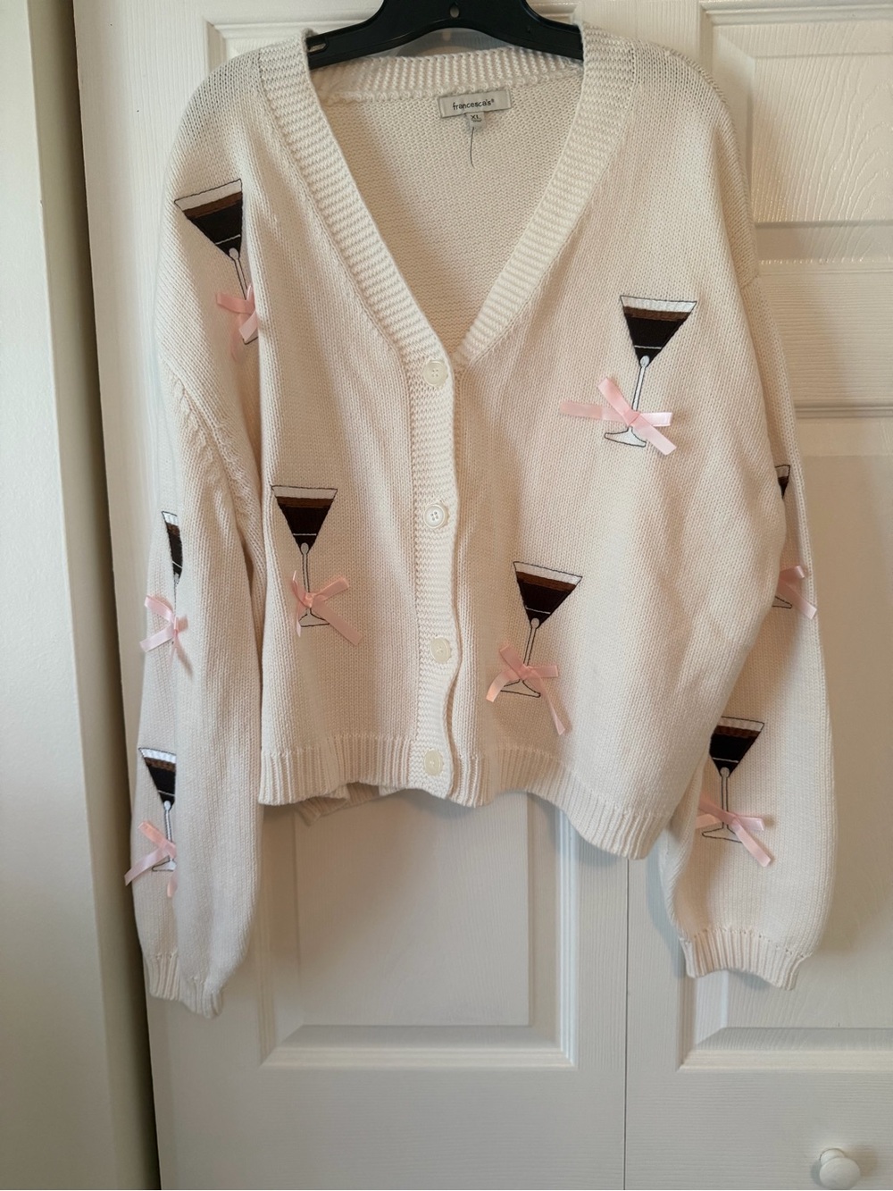 Francesca’s Cream Button-Up Cardigan Sweater with Cocktail Embroidery